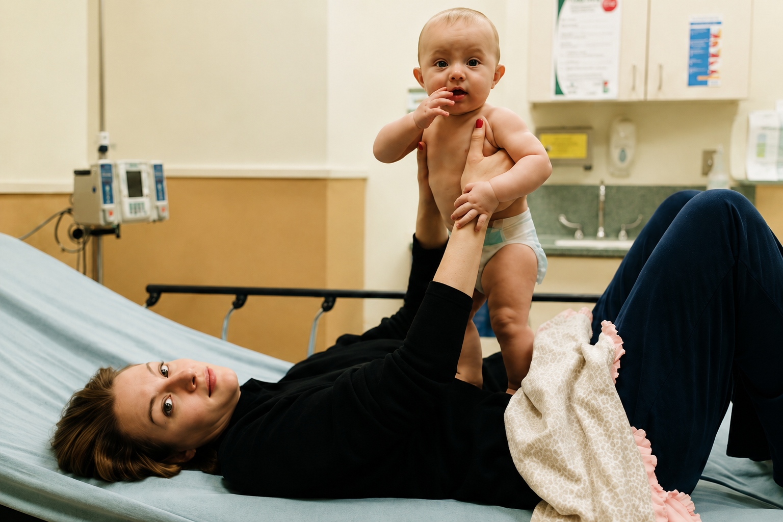 A parent lying on a clinic exam table, holding their baby up above them