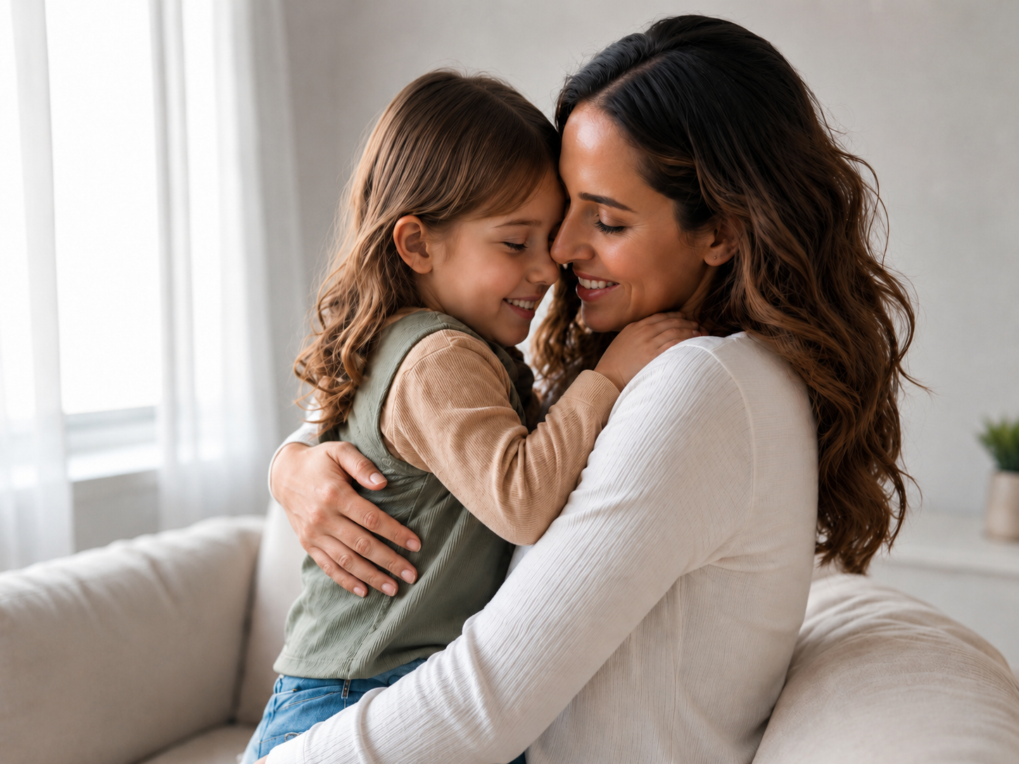 A mother embracing her smiling young daughter at home