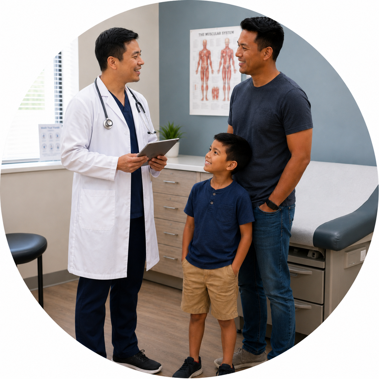 A pediatric provider reviewing results with a parent and child during an exam
