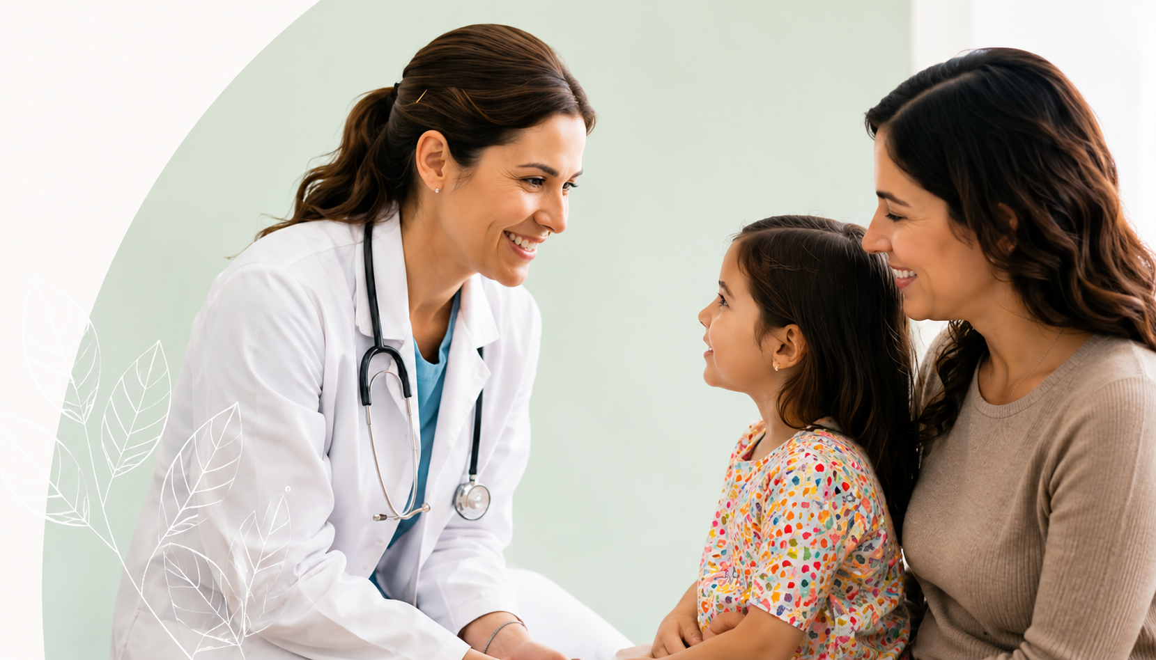 A pediatrician smiling with a young girl and her mother during a checkup
