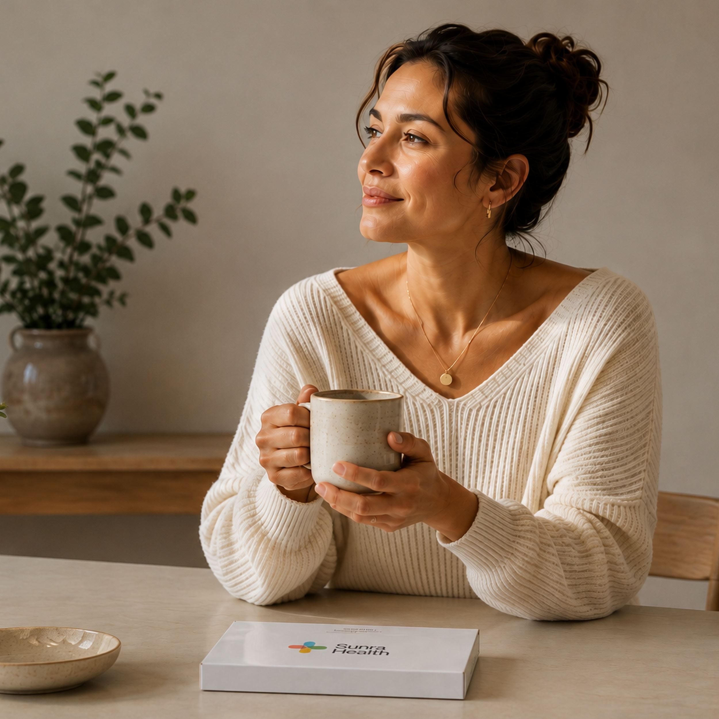 A woman at her kitchen table with a Sunra Health at-home genetic test kit