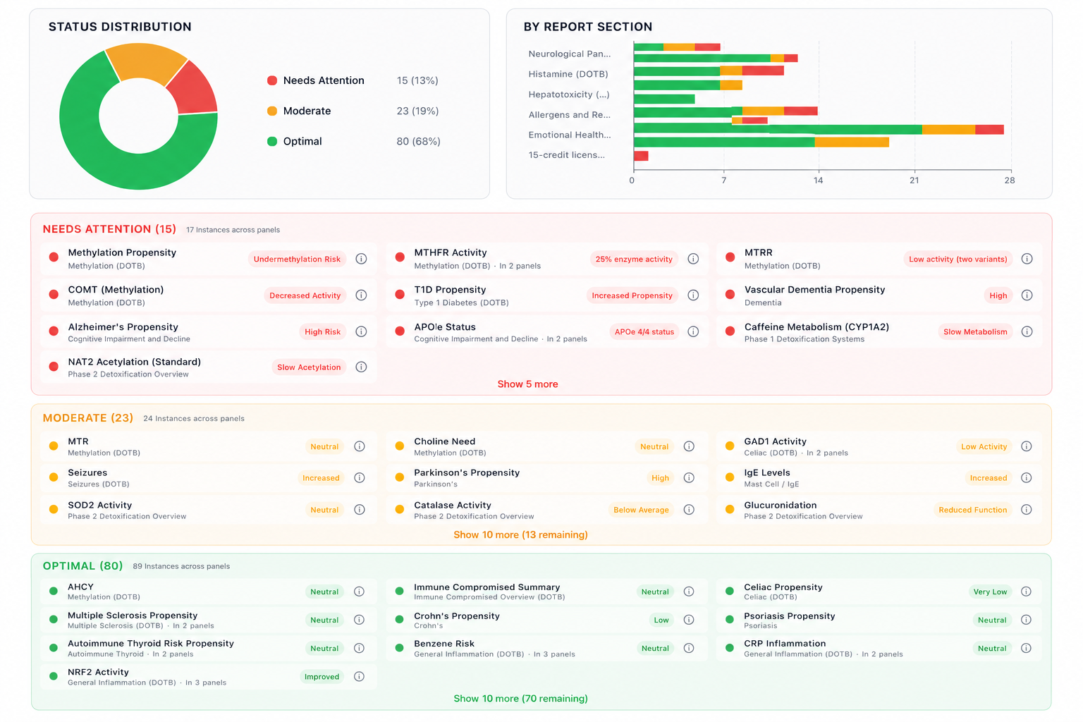 Sample Sunra report panel results dashboard showing status distribution and findings by section