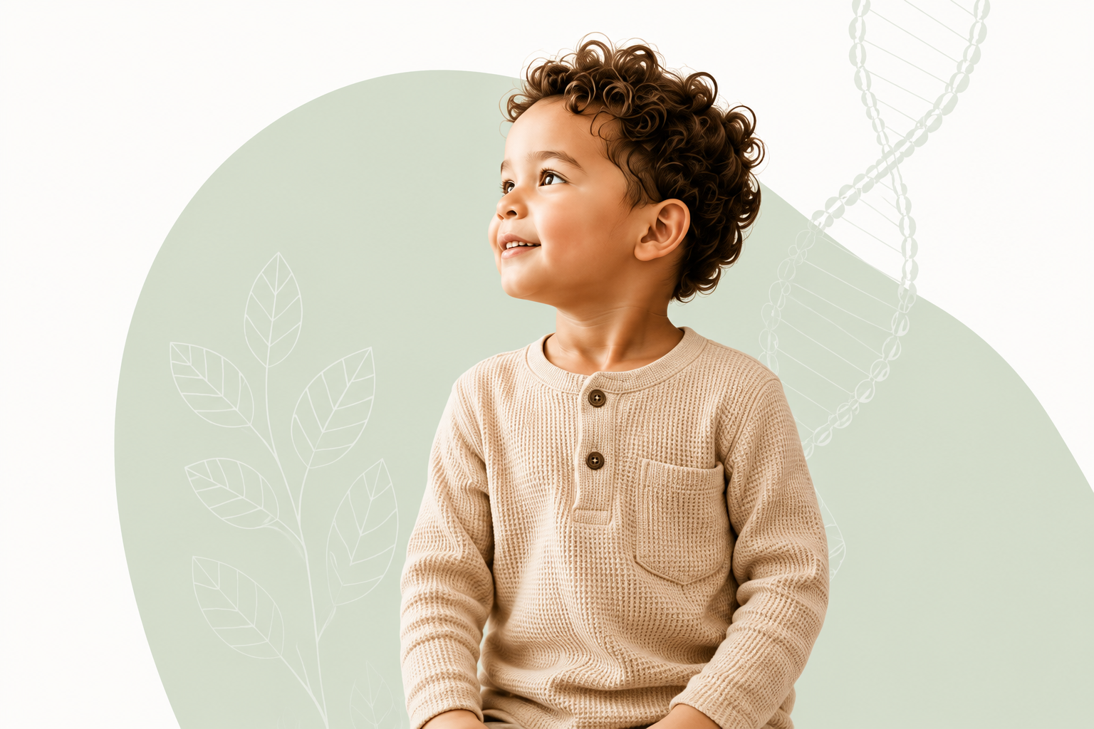 A young child in a beige waffle-knit shirt looks upward against a soft sage backdrop with leaf line art and a DNA helix